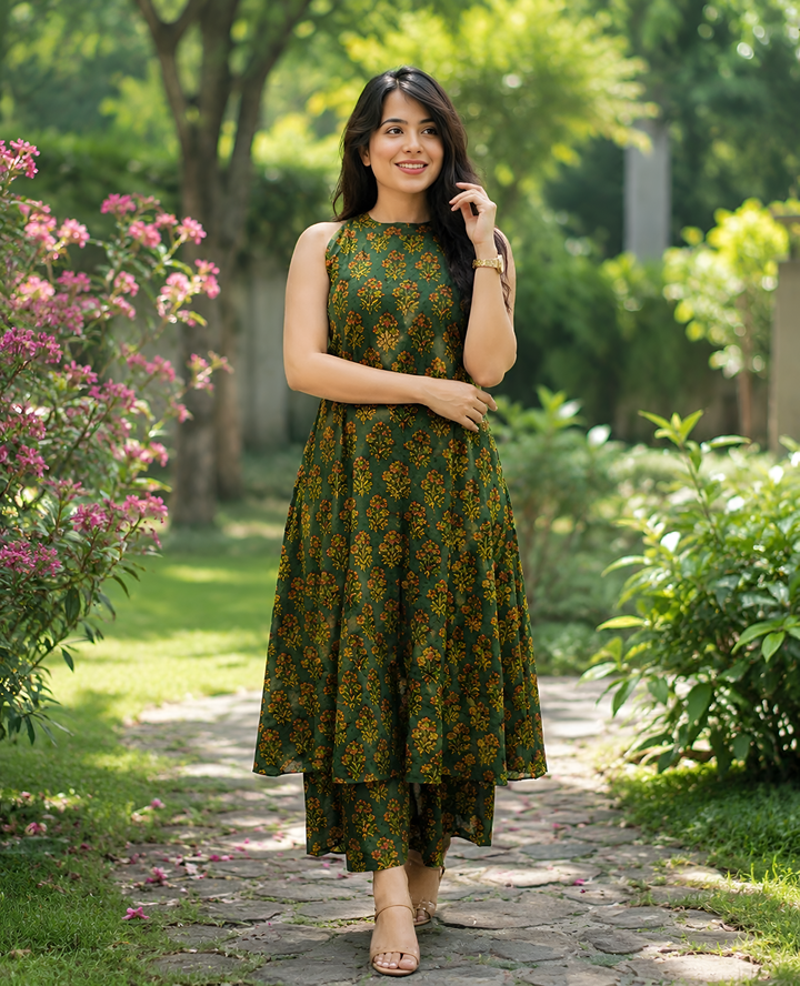Shreya cotton printed green halter neck A-line kurta pant