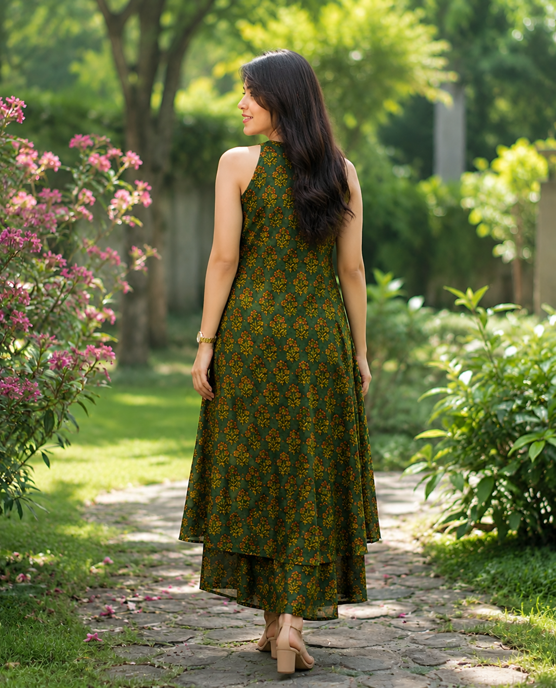 Shreya cotton printed green halter neck A-line kurta pant