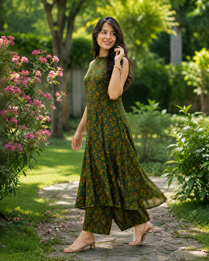 Shreya cotton printed green halter neck A-line kurta pant