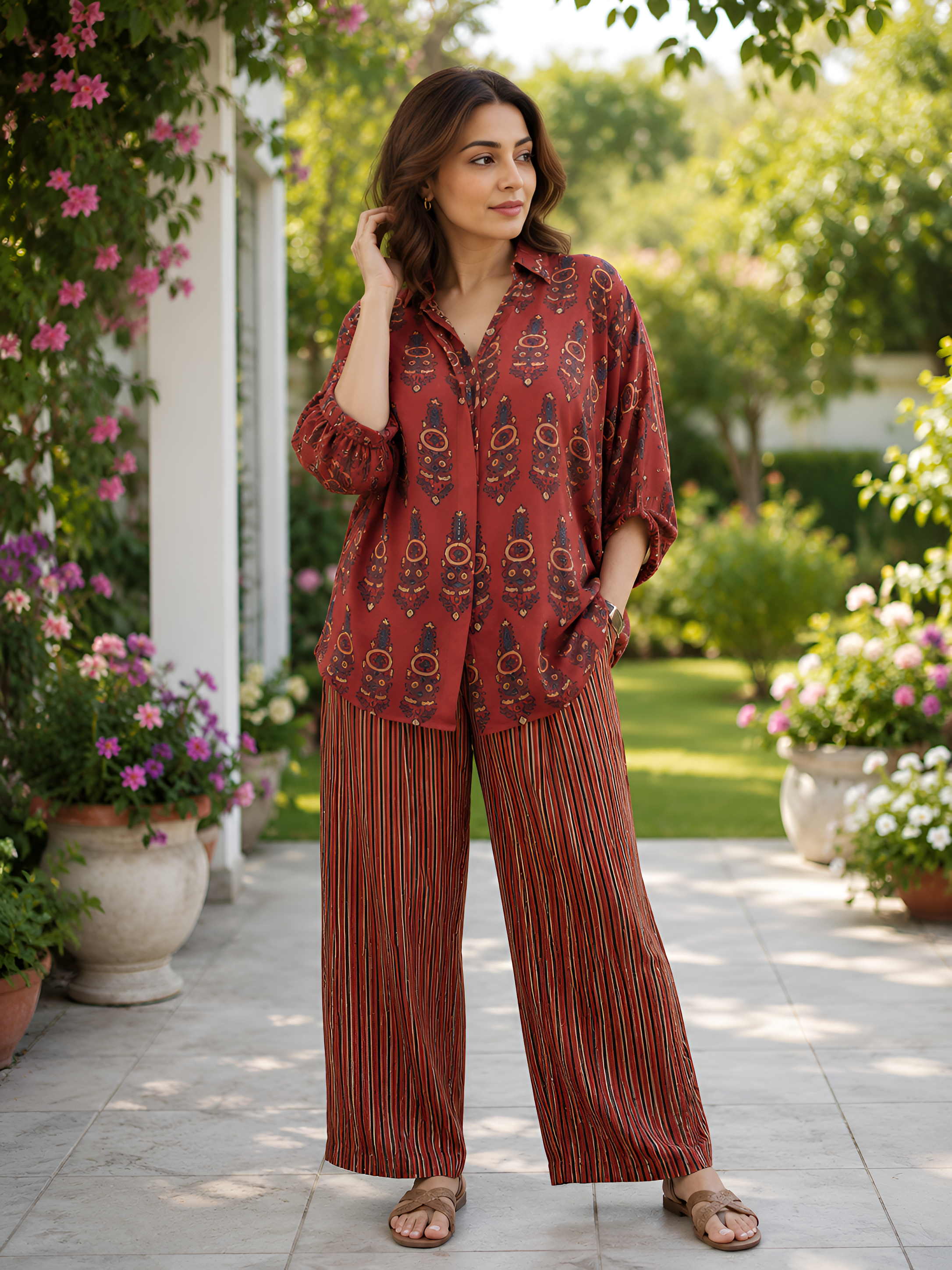 Red Ajrakh Print shirt cord-set for women