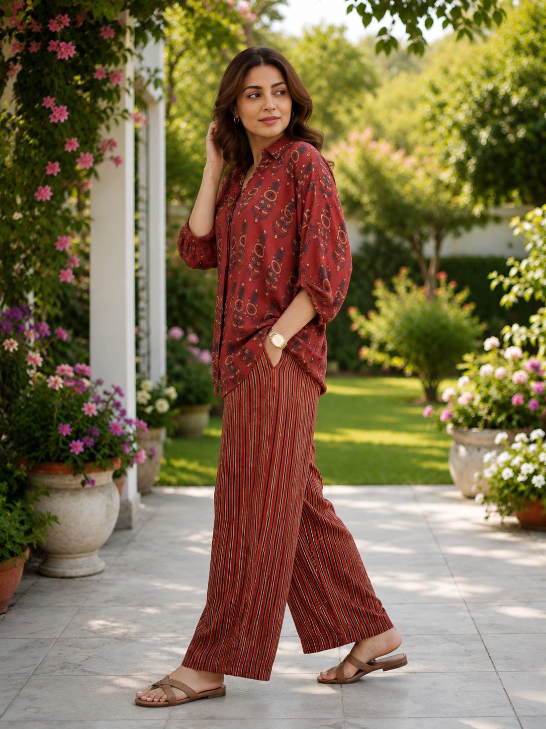 Red Ajrakh Print shirt cord-set for women