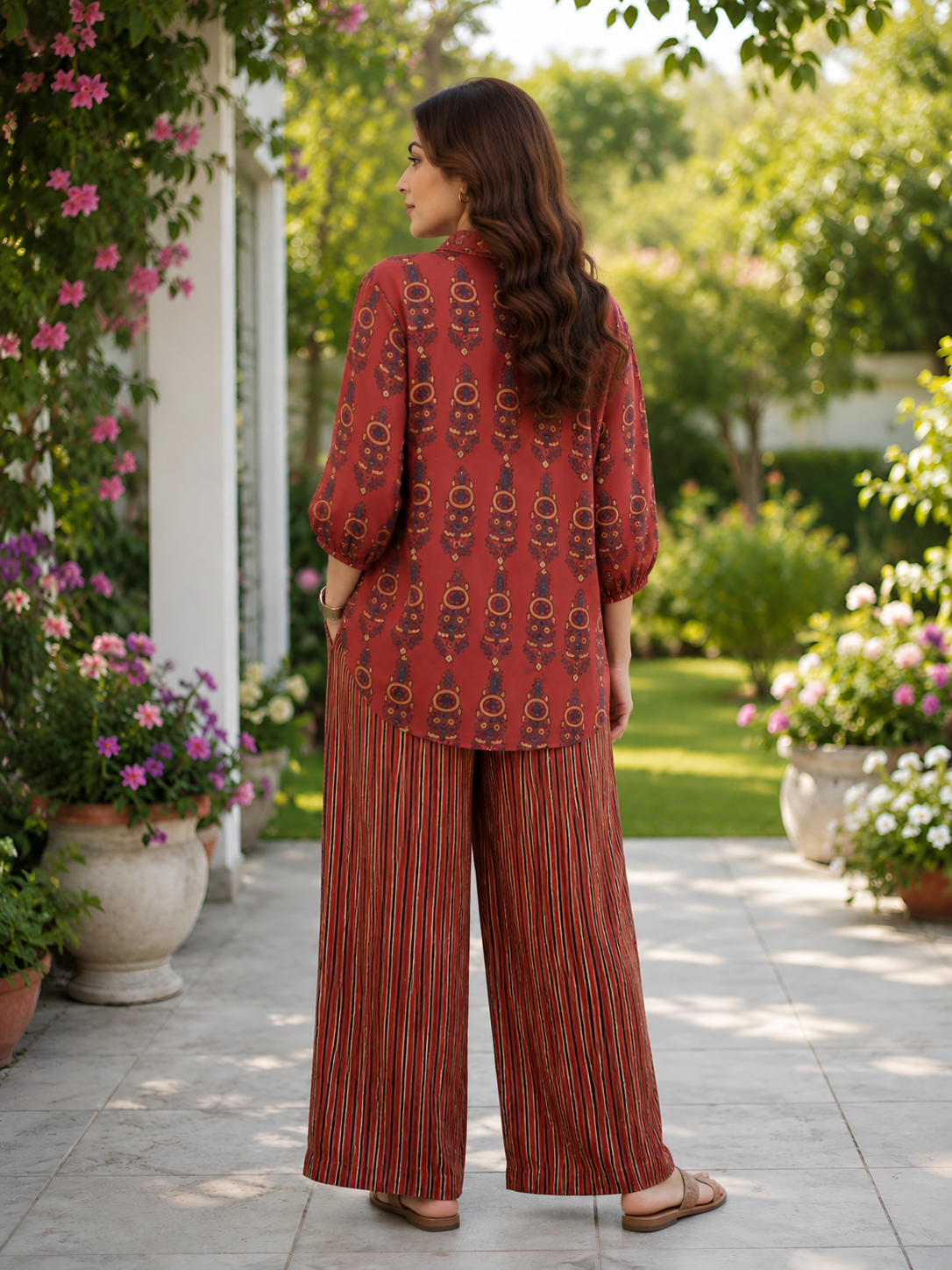 Red Ajrakh Print shirt cord-set for women