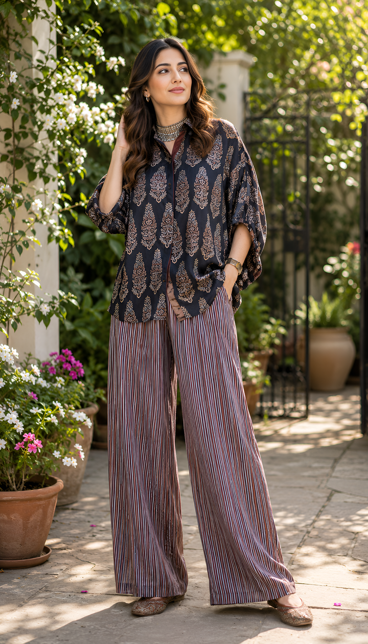 Black Ajrakh Print shirt cord-set for women