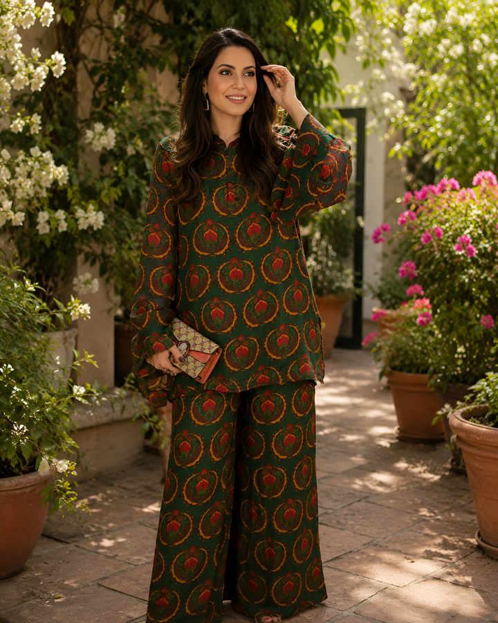 Luxury Ethnic Art Print Top With Flowy Pants