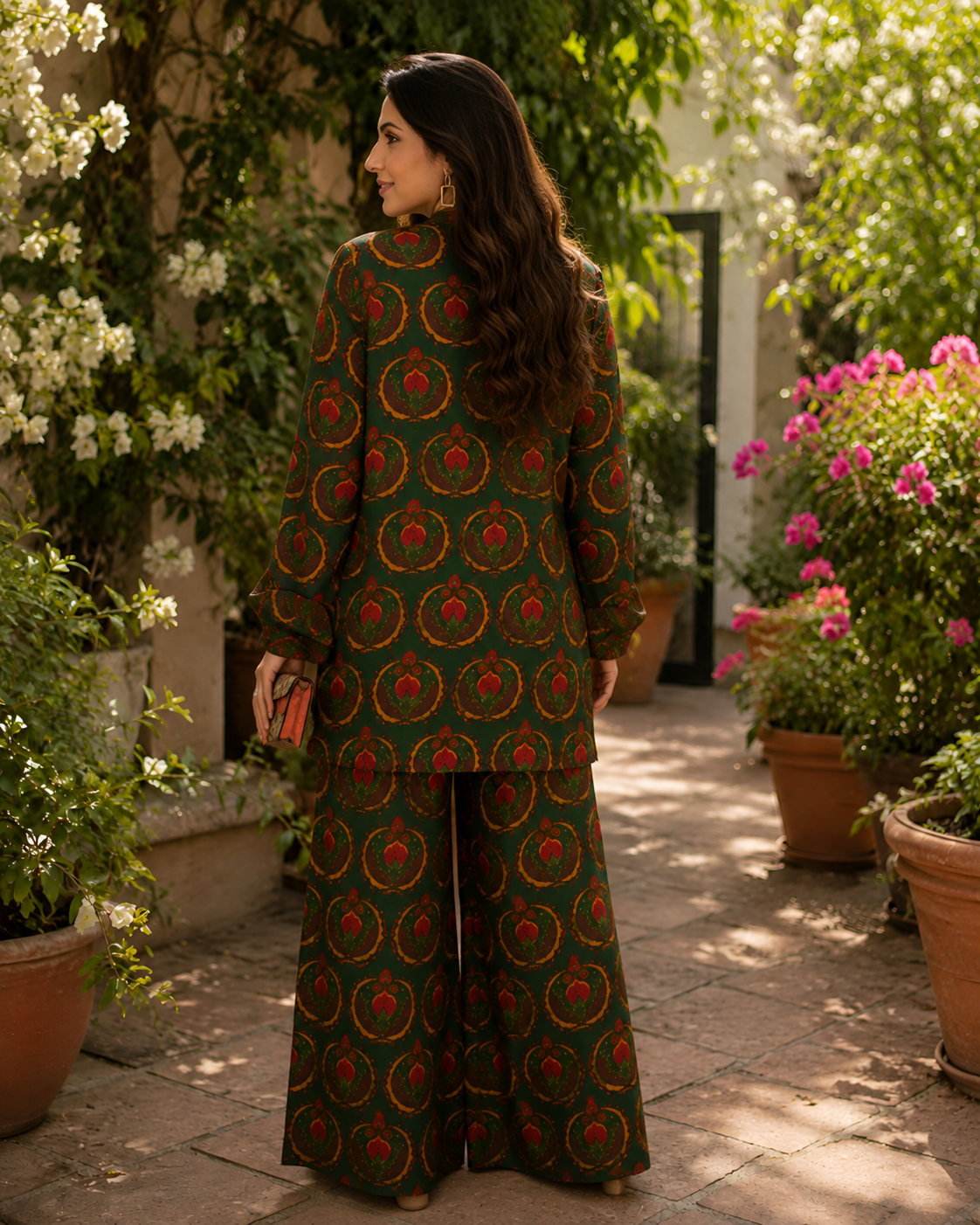 Luxury Ethnic Art Print Top With Flowy Pants
