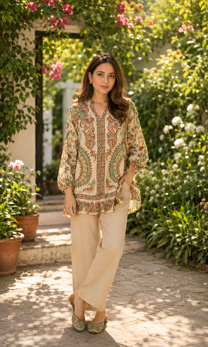 Beige Printed Crepe Set