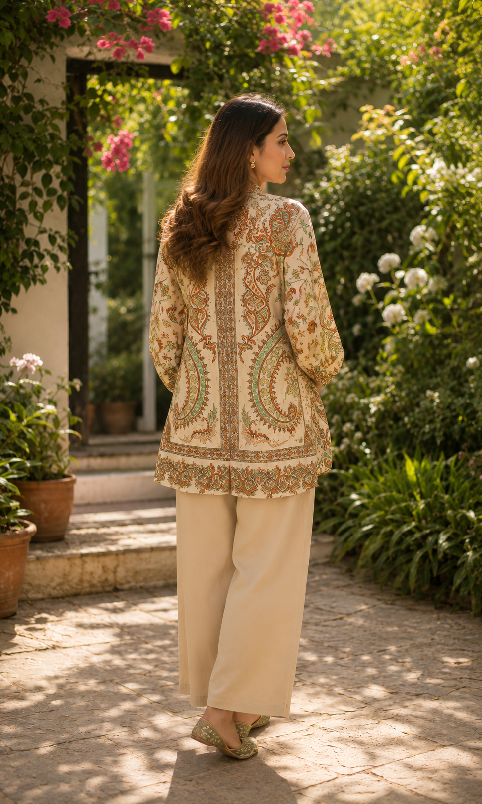 Beige Printed Crepe Set