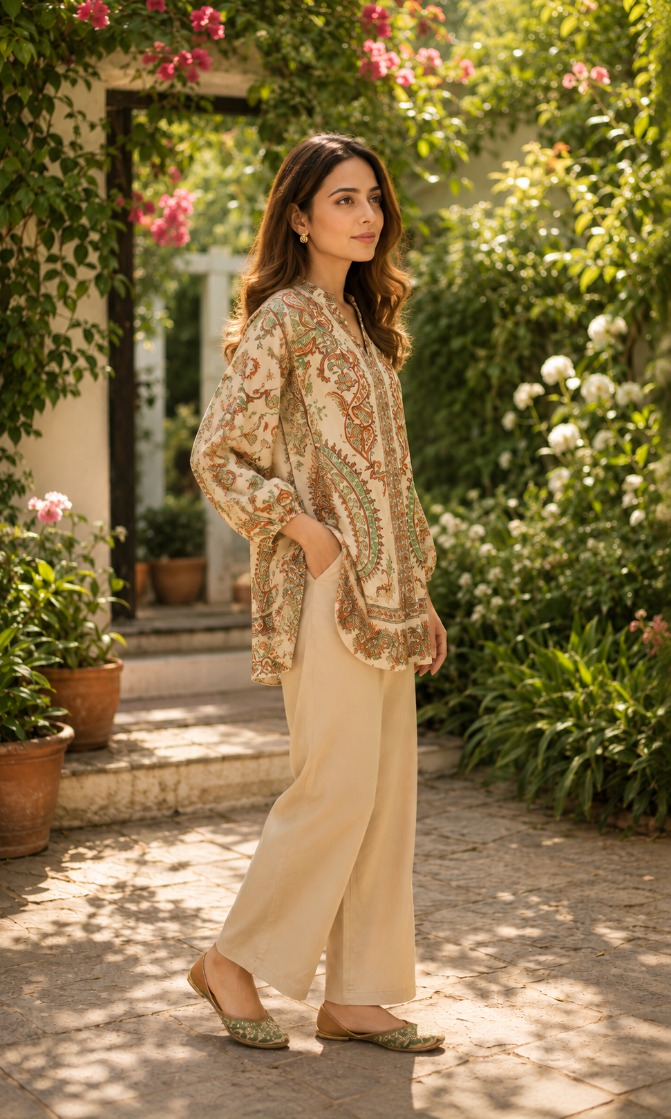 Beige Printed Crepe Set