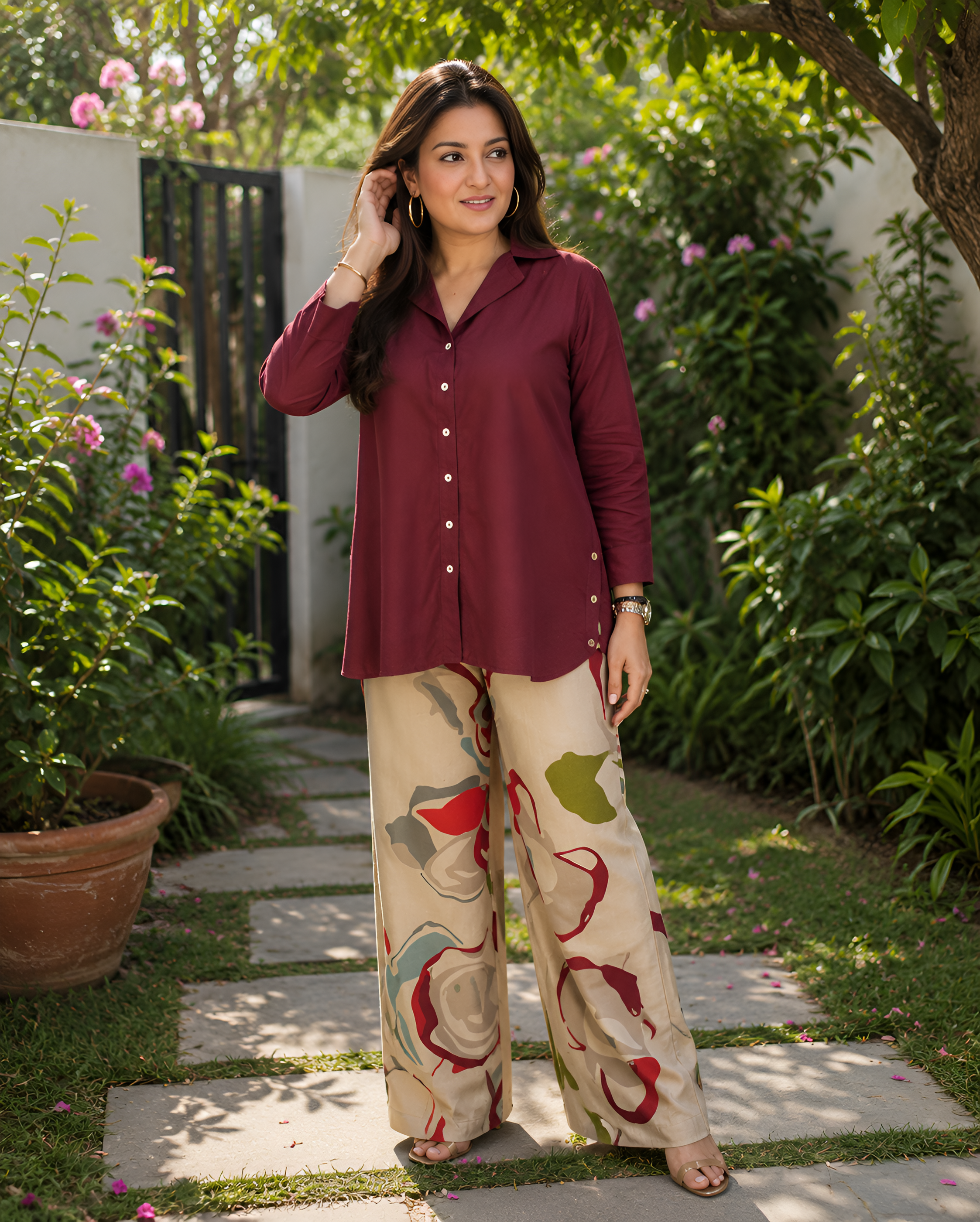 Priyas burgandy Top with Printed stylish pants