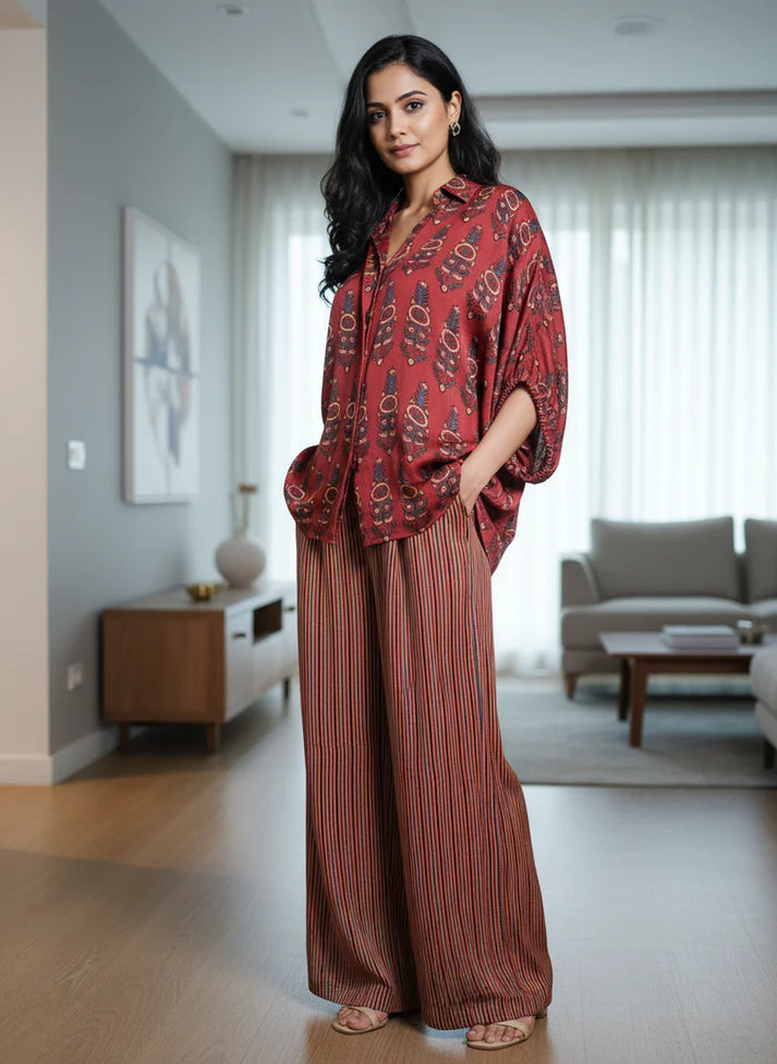 Red Ajrakh Print shirt cord-set for women