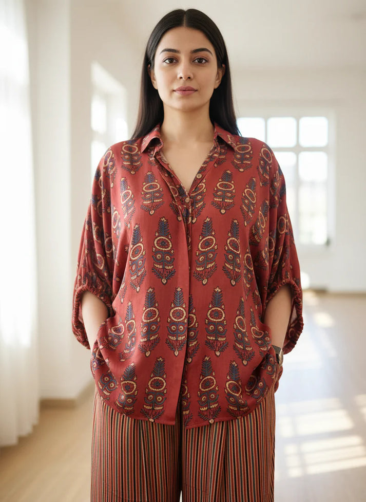 Red Ajrakh Print shirt cord-set for women