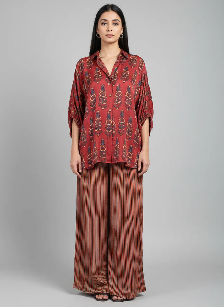 Red Ajrakh Print shirt cord-set for women